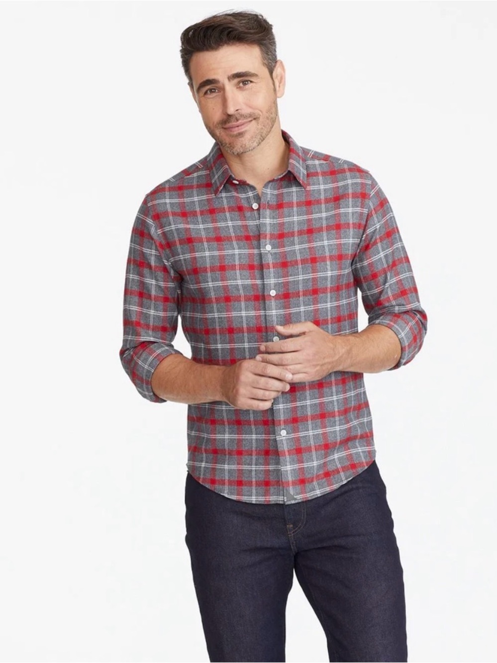 Men's Untuckit Slim Fit Red/Gray Plaid Long Sleeve Button Down Shirt Size Medium